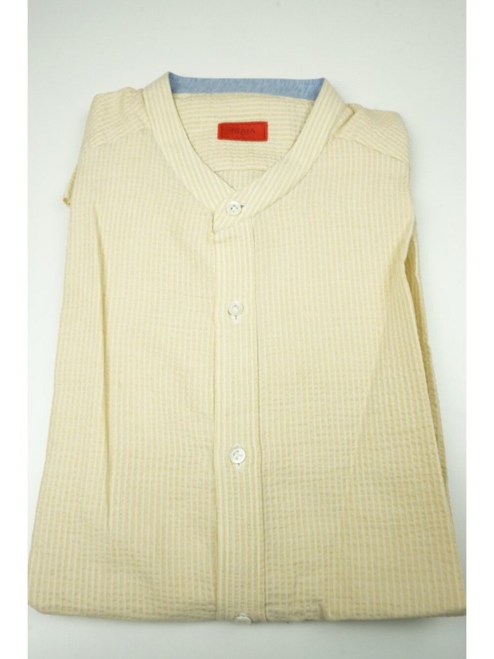 Isaia Pale Yellow Seersucker Striped Band Collar Cotton Dress Shirt 15.5/39 NEW